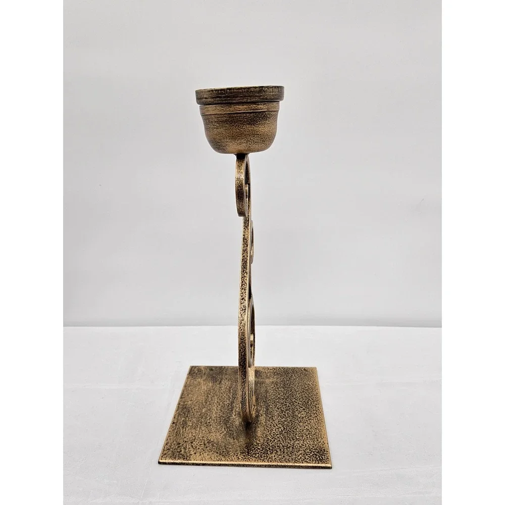 Vintage Style Bronze Metal Scrollwork Pillar Candle Holder 9.5 Inch Centerpiece